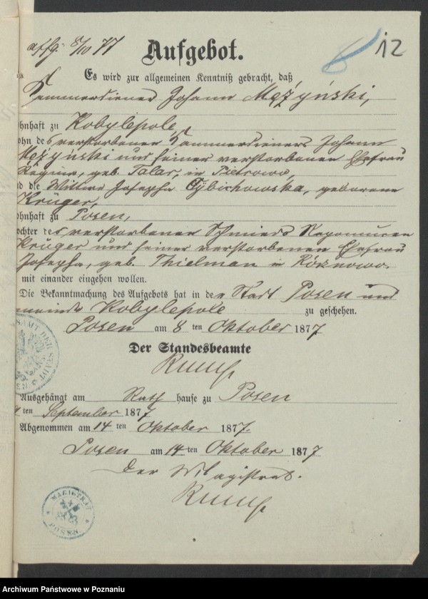 Obraz 14 z jednostki "Die von den Verlobten zum Aufgebot beigebrachten Urkunden pro 1877"