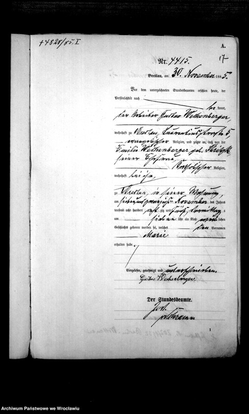 image.from.unit.number "Geburts-Haupt-Register Breslau I 1885 Band 12"