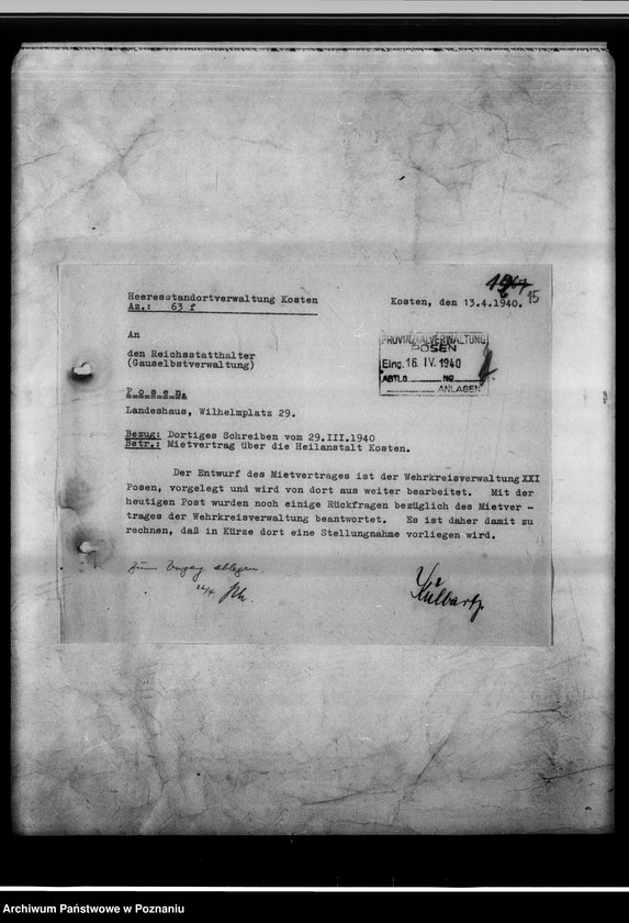 Obraz 20 z jednostki "Verhandlungen und Vertrag über die Vermietung an die Vermacht - Gauheilanstalt Kosten."