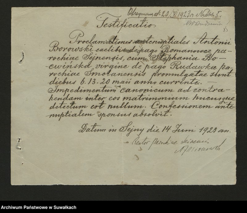 image.from.unit.number "Dokumenty Zaślubionych Smolańskiej parafii z 1922-1923 r."