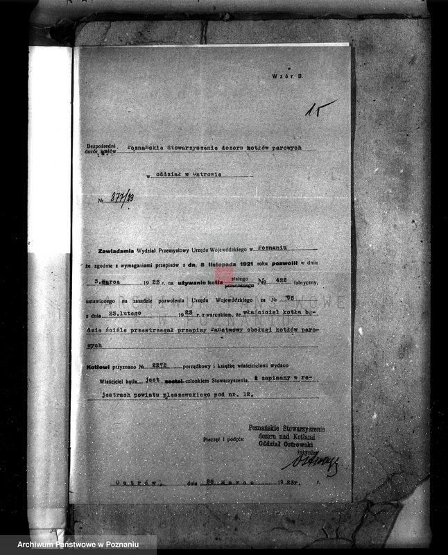 Obraz 20 z jednostki "Fabryka konserw i marmelad, własność St. Radomski w Pleszewie pow. jarociński nr fabr kotła 422, nr woj. kotła 95"