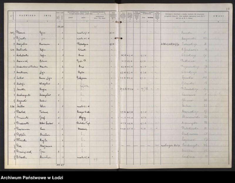 Obraz 14 z jednostki "Księga kontroli ruchu ludności (rejestr osób opuszczających gminę) Łódź, zespół V, lit. M, P"