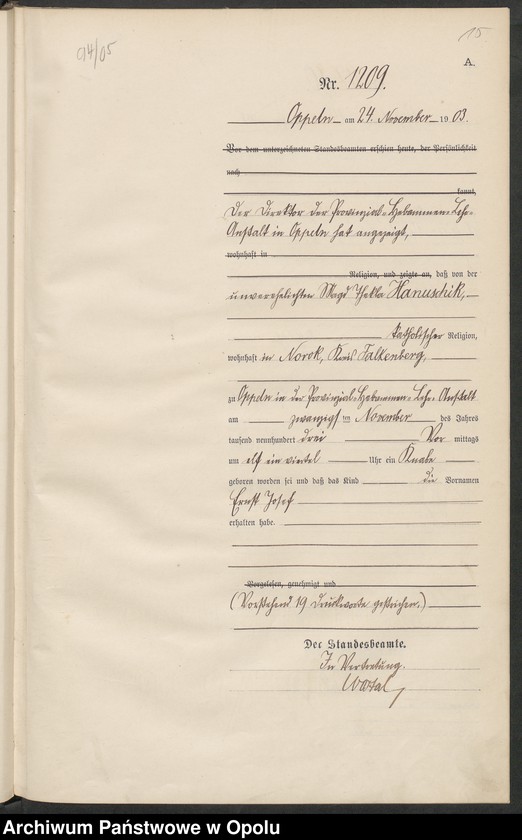 Obraz 19 z jednostki "Urząd Stanu Cywilnego w Opolu 1903 Rejestr Urodzeń Księga Miejscowa Nr 1196 do 1355"