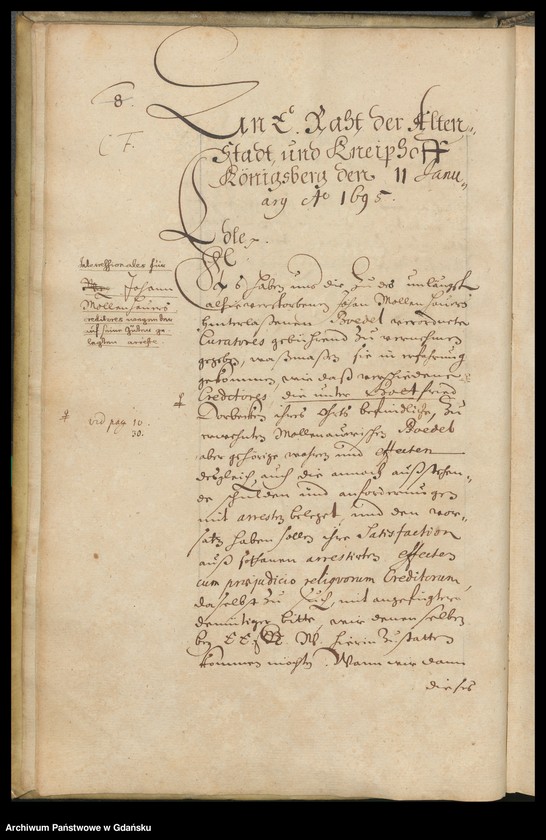 image.from.unit.number "Literae Senatus Civitatis Gedanensis de A. 1695. Literae Senatus Civitatis Gedanensis de A. 1696. Index literarum [adresatów]; w osobnym poszycie: Register der in den Missiven von 1695 u. 1696 enthaltenen vornehmsten Materien"