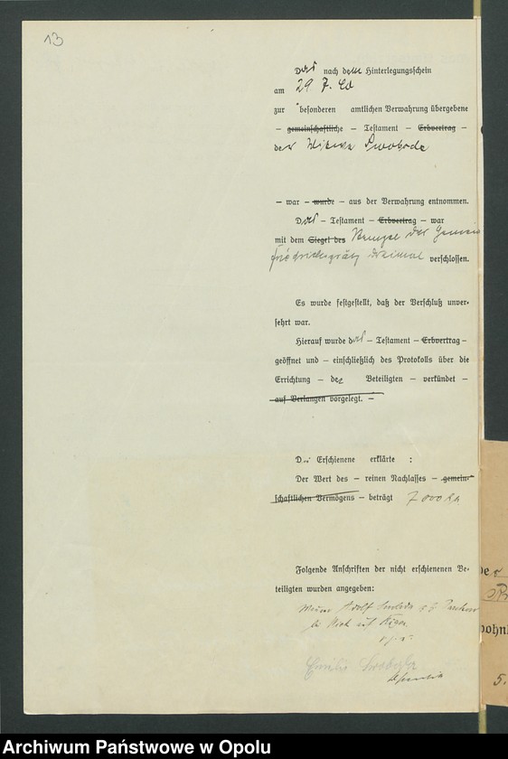 Obraz 17 z jednostki "Verfügung von Todes wegen der Anna Swoboda geb[oren] Bredel aus Friedrichsgrätz gestorben am 28.07.1940 zuletzt wohnhaft in Friedrichsgrätz."