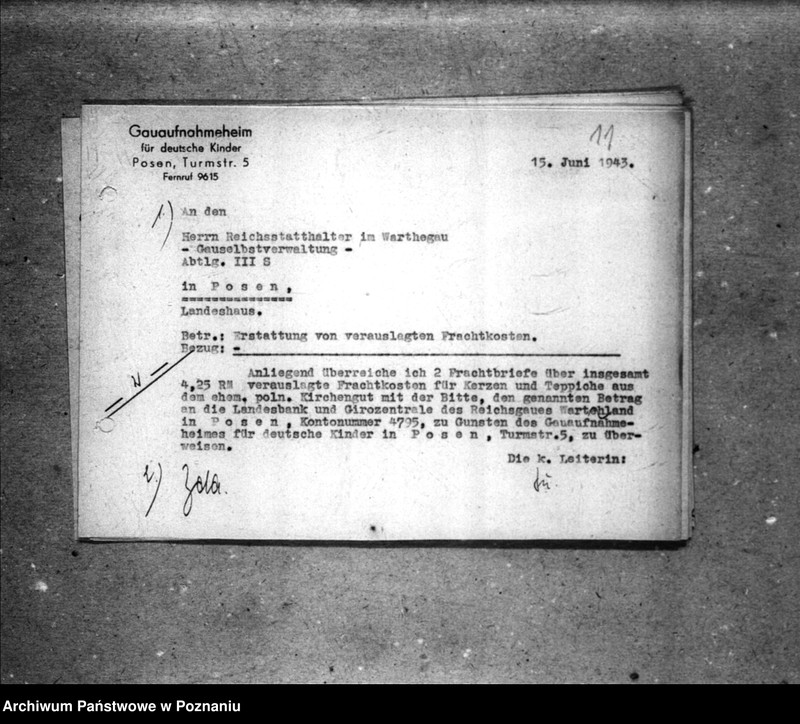 Obraz 15 z jednostki "Schriftwechsel mit der Gauselbsverwaltung vom 1 IV 1943 bis 31 III 1944. [Korespondencja w sprawach finansowych]."