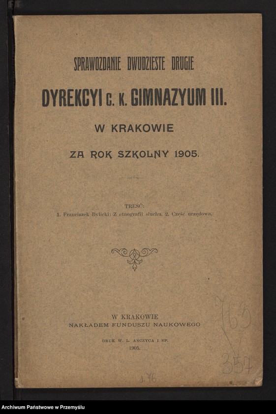 image.from.unit.number "Sprawozdanie dwudzieste drugie Dyrekcji c.k. Gimnazjum III. w Krakowie za rok szkolny 1905"