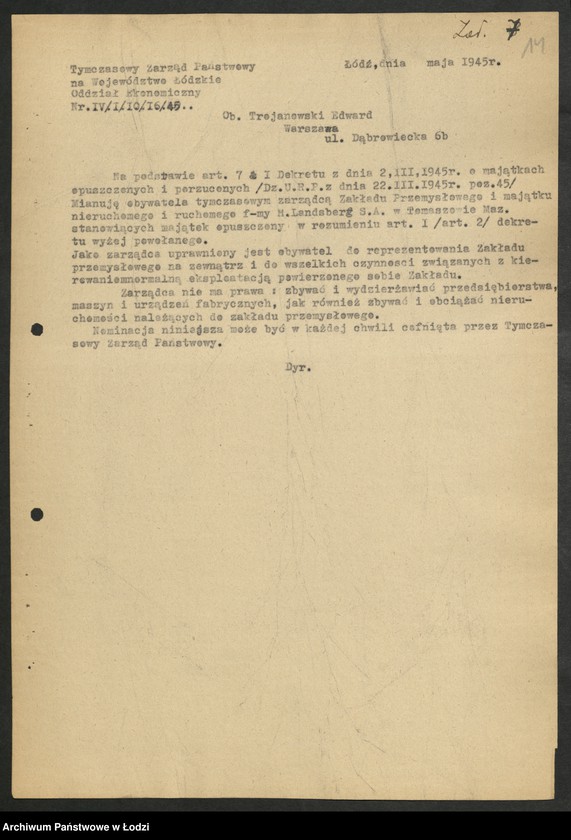 Obraz 15 z jednostki "Materiały dotyczące fabryki "H. Landsberg" - Państwowe Zakłady Wełniane Tomaszów Mazowiecki"