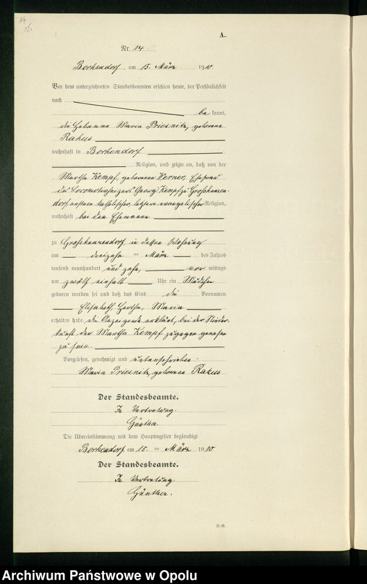 image.from.unit.number "Geburts-Register (Neben-Register) Standesamt Borkendorf 1910 No. 1 bis 60."