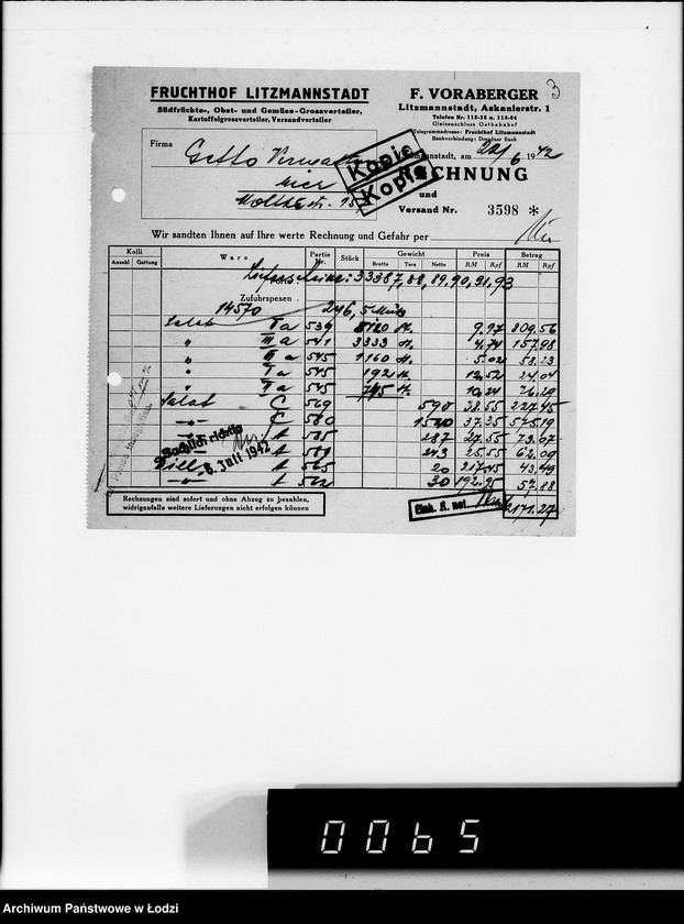 Obraz 7 z jednostki "Aufträge, Lieferscheinen und Rechnungen 14501-14570. [Zlecenia na produkty dla Getta. Rachunki, kwity przewozowe, korespondencja]"