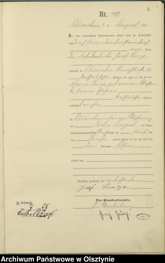 image.from.unit.number "Geburts-Haupt-Register Tom II, Nr 399 - 722"