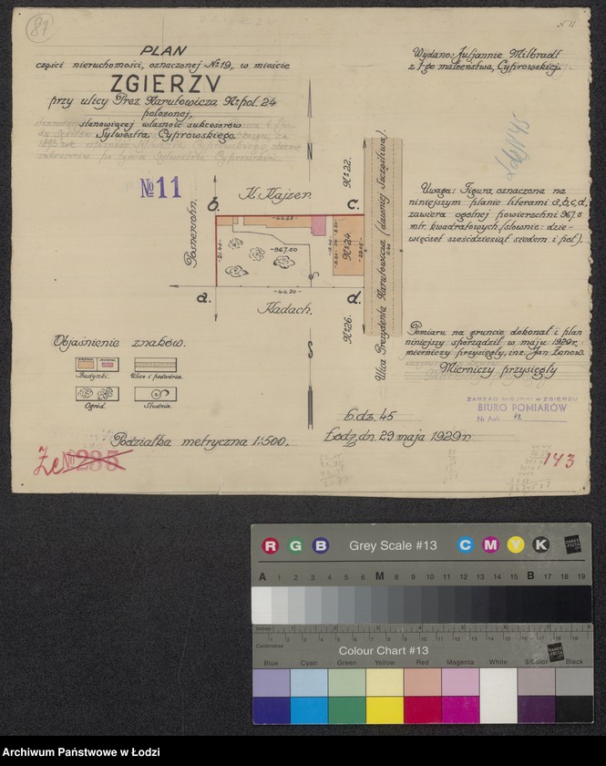 Obraz 1 z jednostki "Plan części nieruchomości, oznaczonej Nr 19 w mieście Zgierzu przy ul. Prez. Narutowicza Nr pol. 24 położonej stanowiącej własność sukcesorów Sylwestra Cyprowskiego"