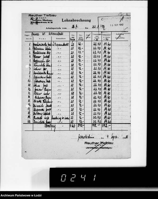 Obraz 20 z jednostki "Sonderkonto 12300. Arbeitsamt Hohensalza Lager:Amsee (Reuther- Tiefbau), Hohensalza Amsee, (Continentale Wasserwerk- Gesellschaft), Bahnhof Hohensalza (Otto Quast), Jakschitz (Otto Quast), Weidener Weiche, Reichsbahn (Otto Quast)."