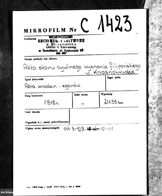 image.from.unit.number "Duplikaty Urodzonych Zaślubionych i Zmarłych Sekty Filiponów z Gminie Krasnohruda z 1848 r."