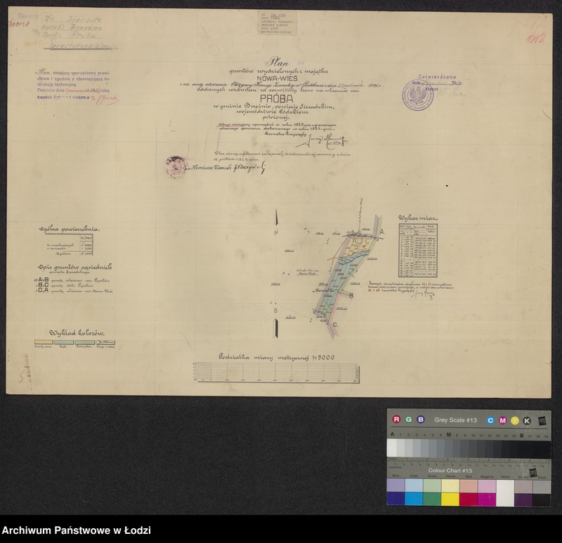 Obraz 1 z jednostki "Plan gruntów wydzielonych z majątku Nowa Wieś i na mocy orzeczenia Okręgowej Komisji Ziemskiej w Piotrkowie z dnia 23 października 1926 roku oddanych w zamian za serwituty leśne na własność wsi Próba w gminie Brzeźnio powiecie sieradzkim ... położonej"