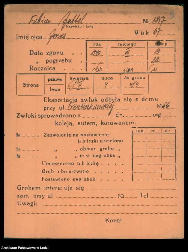 Obraz 4 z jednostki "Kartoteka osób pochowanych na cmentarzu żydowskim przy ulicy Brackiej w latach 1892-1958. Nazwiska na litery: Fa-Fä"