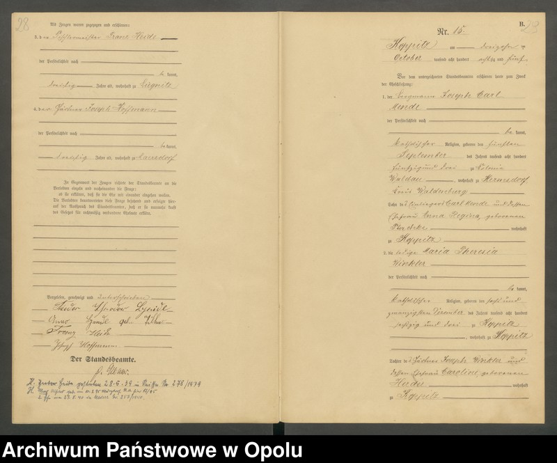 Obraz 17 z jednostki "Heiraths-Haupt-Register Standesamts Koppitz pro 1885"
