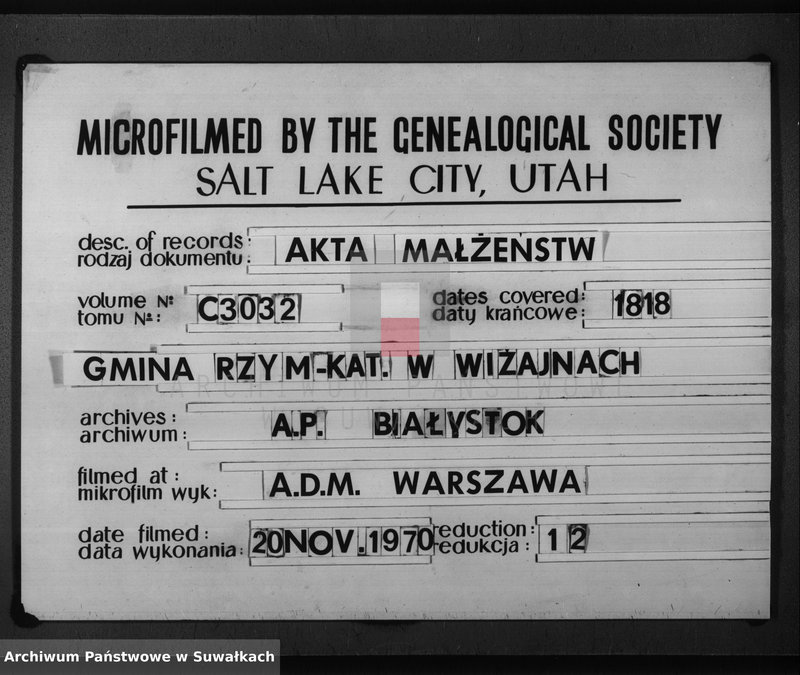 Obraz 1 z jednostki "Akta zaślubionych gminy wiżańskiey obwodu seyneńskiego, w województwie augustowskim od dnia 1-go stycznia do dnia ostatniego miesiąca grudnia 1818 roku"