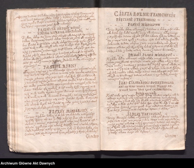 image.from.unit.number "„Moda bardzo dobra smażenia różnych konfektów i innych słodkości, a także przyrządzania wszelakich potraw, pieczenia chleba i inne sekreta gospodarskie i kuchenne” (brak karty tytułowej, wycięta w celu zatarcia proweniencji)."