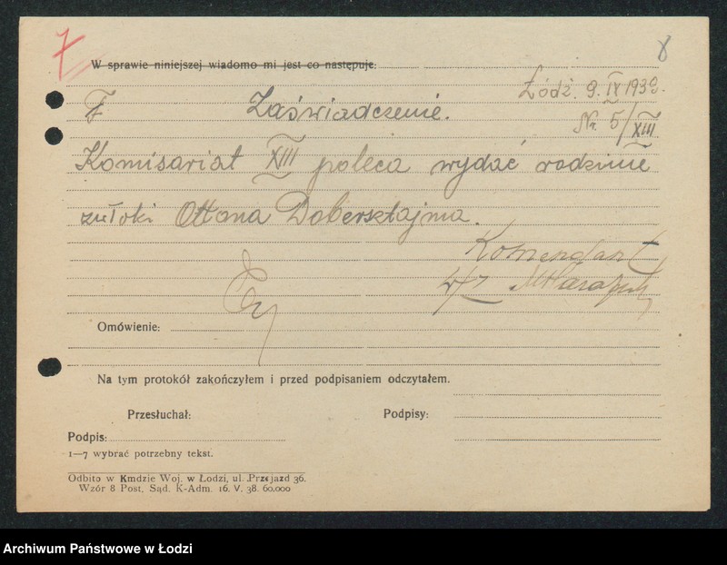 Obraz 10 z jednostki "[Akta XIII Komisariatu Milicji Obywatelskiej - protokoły i meldunki z zajść ulicznych, kradzieży, poszukiwań zaginionych]"