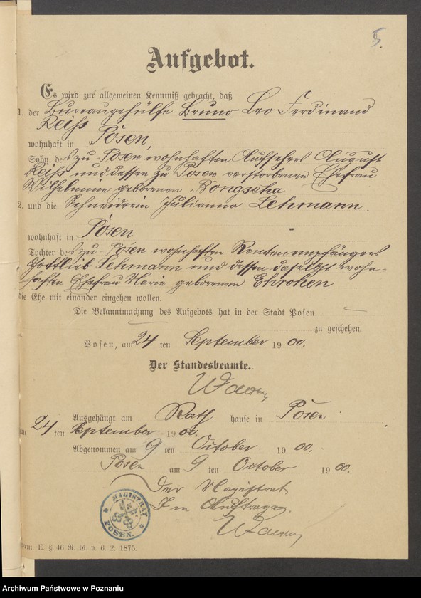 Obraz 7 z jednostki "Die von den Verlobten beigebrachten Urkunden zur Eheschliessung pro 1900"