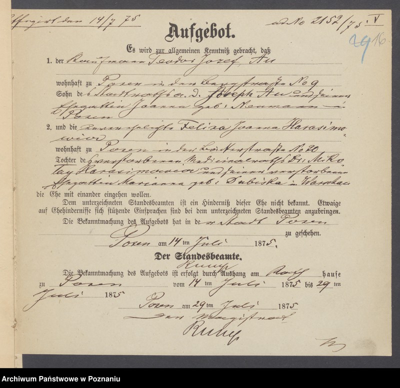 Obraz 18 z jednostki "Die von den Verlobten beigebrachten Urkunden zur Eheschliessung pro 1875"