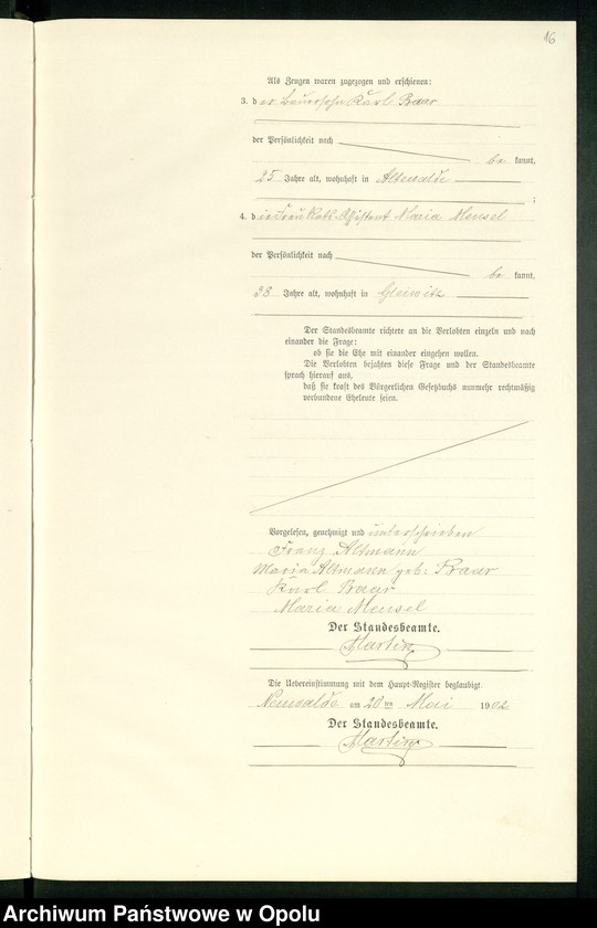 Obraz 20 z jednostki "Heiraths-Neben-Register des Standesamts Altewalde pro 1902"