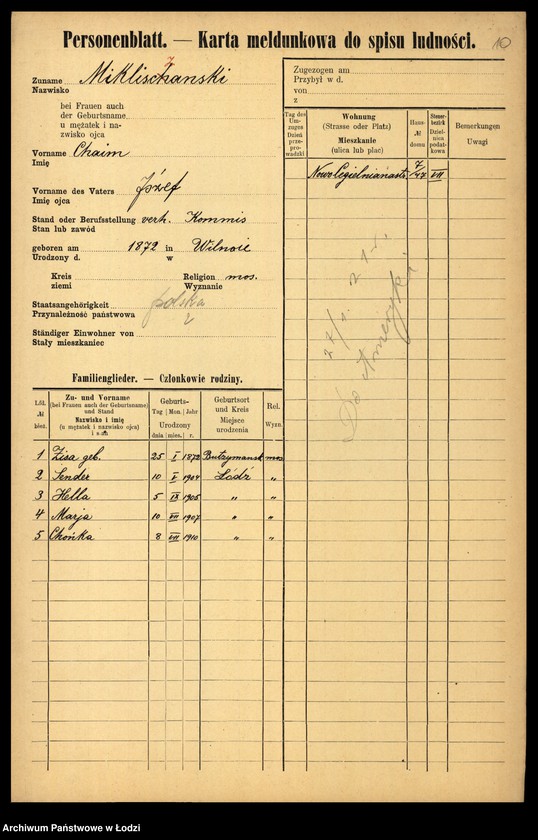Obraz 12 z jednostki "[Spis ludności Łodzi] Mikler - Mikołajczyk"