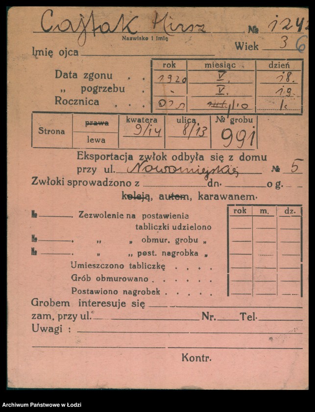 Obraz 7 z jednostki "Kartoteka osób pochowanych na cmentarzu żydowskim przy ulicy Brackiej w latach 1892-1954. Nazwiska na litery: Ca-Choros"