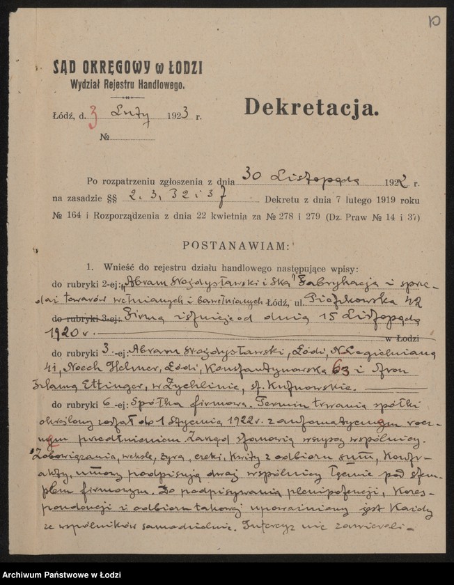 Obraz 12 z jednostki "Abram Wojdysławski i S-ka- fabrykacja i sprzedaz towarów wełnianych i bawełnianych"