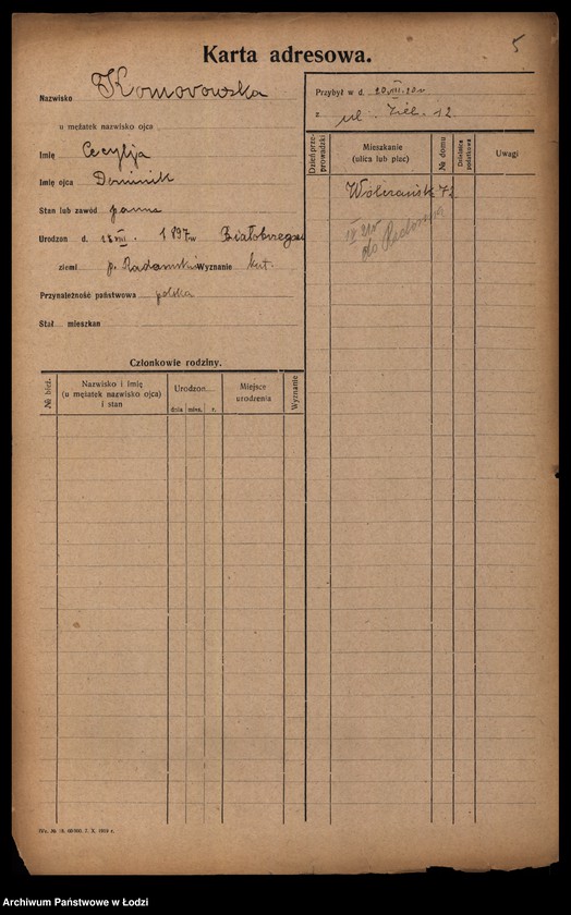 Obraz 7 z jednostki "[Spis ludności Łodzi] Komorowska - Kon"