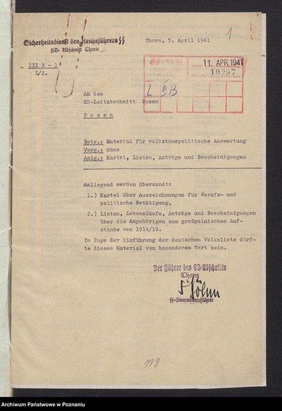 Obraz 4 z jednostki "Lista członków Związku Powstańców Wielkopolskich przesłane przez hitlerowców S.D. - Toruń do S.D. - Leitabschnitt - Poznań."
