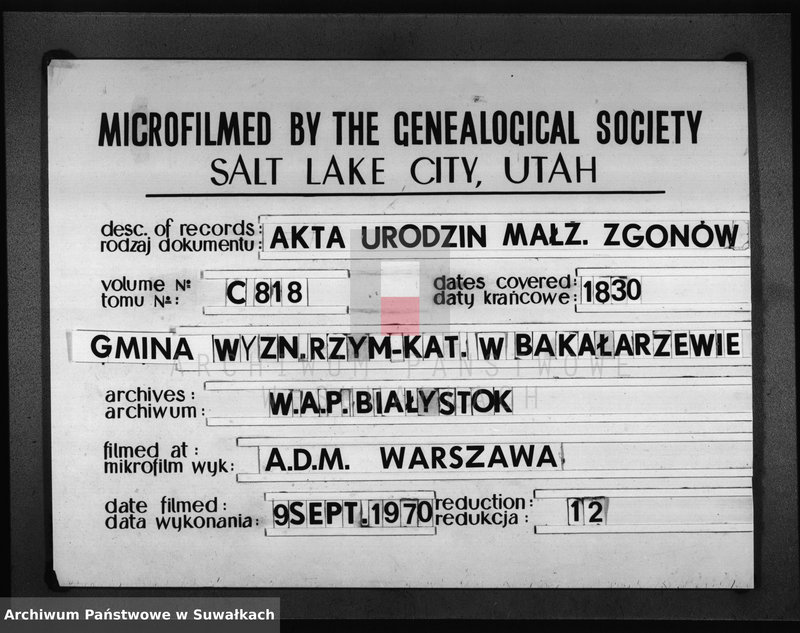 image.from.unit.number "Księga Dublikat Urzędnika Stanu Cywilnego Gminy Bakałarzewskiey pozapisywanych Urodzonych w Parafij tutejszej Umarłych i Zaślubionych Roku 1830"