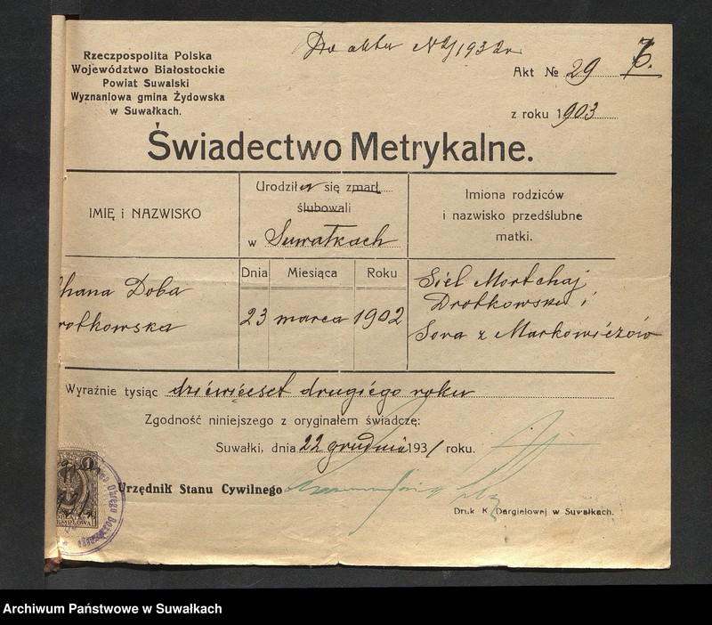 image.from.unit.number "Dowody do aktów ślubu Suwalskiego Okręgu Bożniczego 1932 rok"
