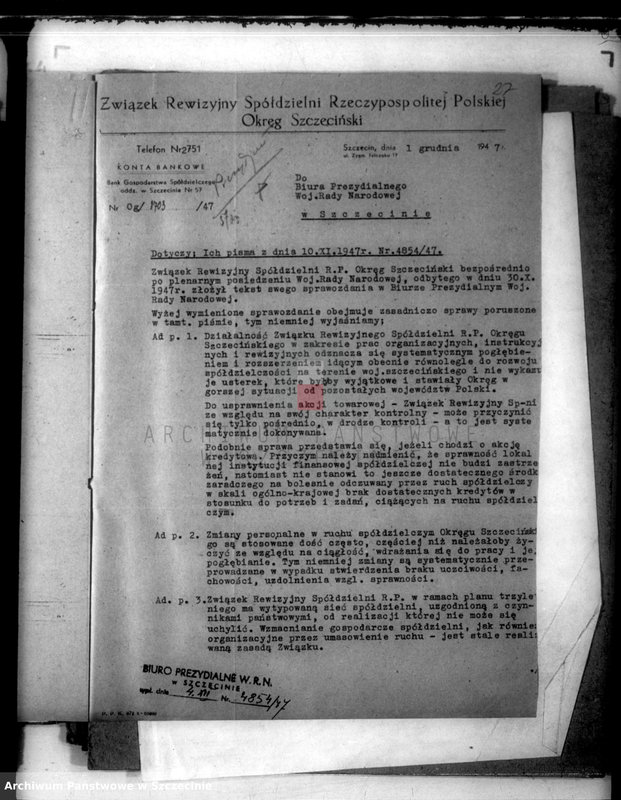 Obraz 17 z jednostki "Związek Rewizyjny Spółdzielni R.P.Okręg Szczeciński - korespondencja"