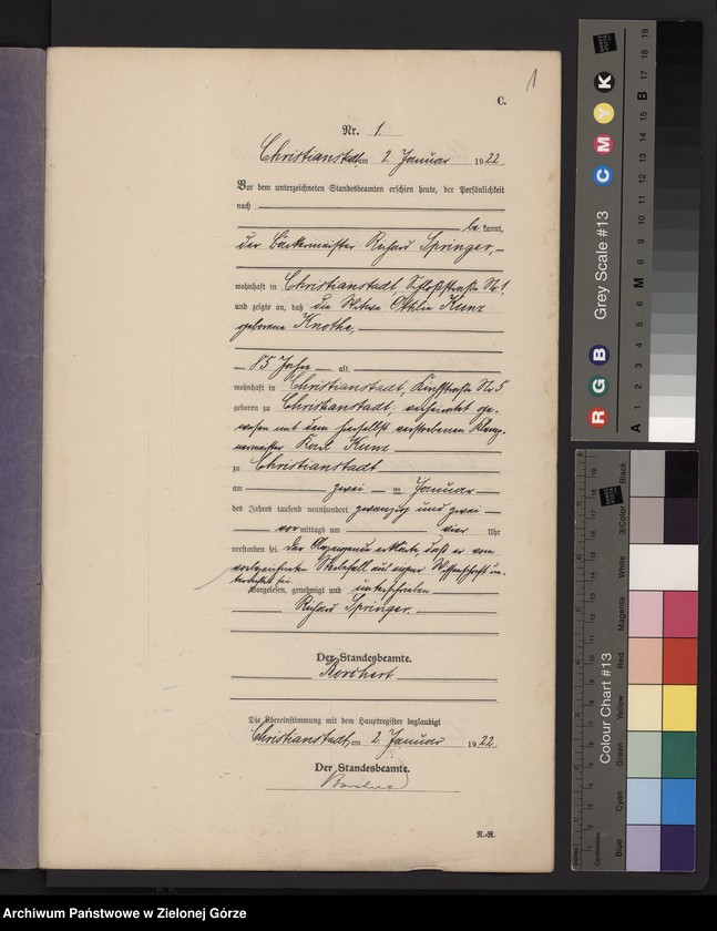 image.from.unit "Sterbe-Neben-Register Standesamt Christianstadt a[m] B[ober] 1922 vol. I No. 1 bis 42"