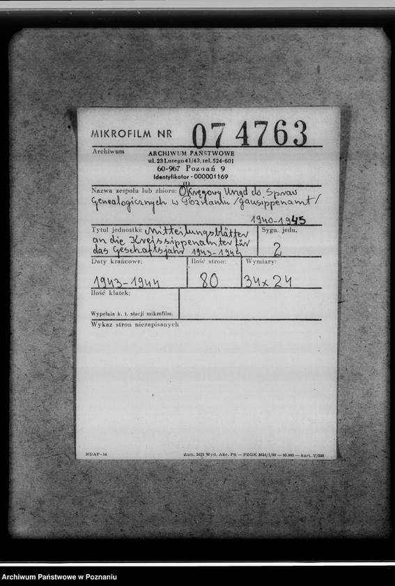 Obraz 2 z jednostki "Mittelungsblätter an die Kreissippenämter für das Geschäftsjahr 1943/44"