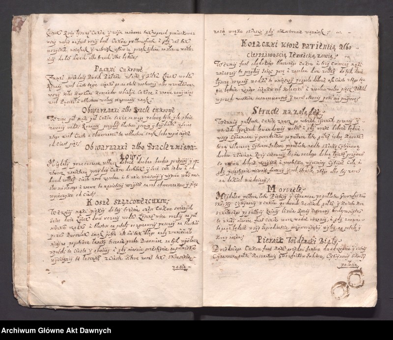 image.from.unit.number "„Moda bardzo dobra smażenia różnych konfektów i innych słodkości, a także przyrządzania wszelakich potraw, pieczenia chleba i inne sekreta gospodarskie i kuchenne” (brak karty tytułowej, wycięta w celu zatarcia proweniencji)."