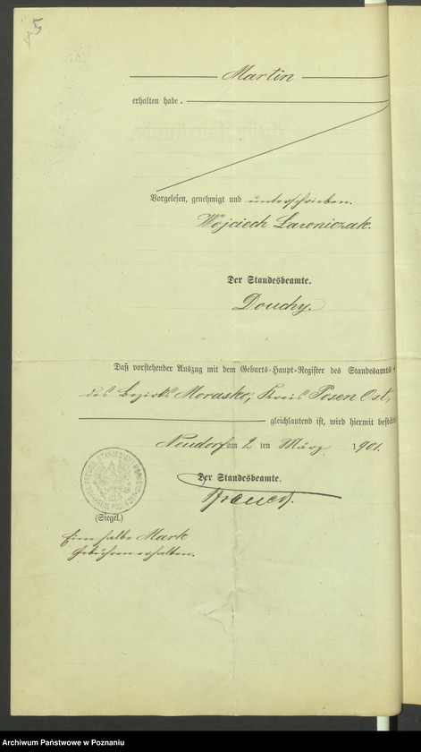 Obraz 7 z jednostki "Die von den Verlobten beigebrachten Urkunden zur Eheschliessung pro 1901. Vol VII"