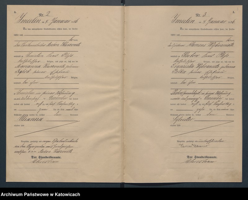 Obraz z jednostki "Geburts-Haupt-Register des Königlich Preussichen Standesamts Imielin im Kreise Pless pro 1886"
