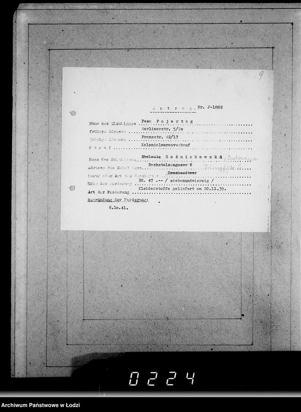 Obraz 13 z jednostki "J 1801-1820 [Wnioski Żydów z Getta o zwrot należności za towar wzięty na kredyt]"