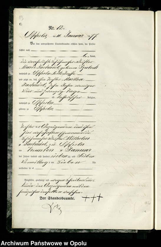 Obraz 16 z jednostki "Urząd Stanu Cywilnego w Opolu 1877 Rejestr zgonów Księga Miejscowa Nr 1 do 346"