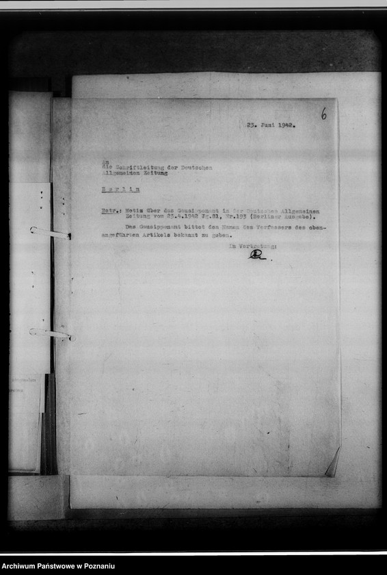 Obraz 10 z jednostki "Pressenotizen über das GSA [Korespondencja i wycinki prasowe o działalności, zadaniach i celach Gausippenamt w Poznaniu]"
