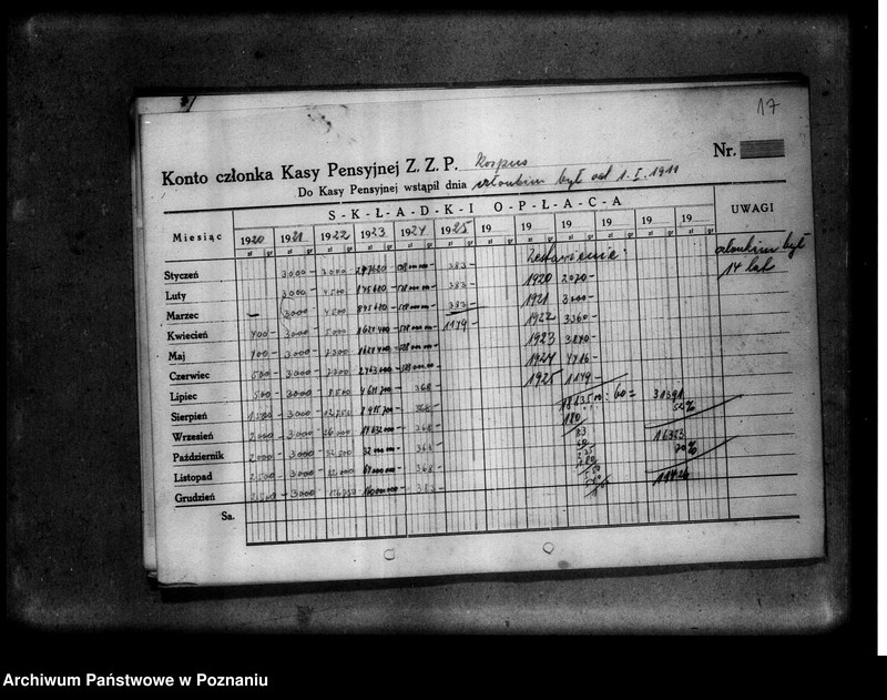 Obraz 17 z jednostki "Obliczone emerytury wypłacone z Kasy Emerytalnej "Wzajemnej Pomocy" urzędników Zjednoczenia Zawodowego Polskiego"