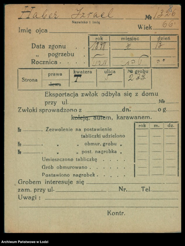 Obraz 9 z jednostki "Kartoteka osób pochowanych na cmentarzu żydowskim przy ulicy Brackiej w latach 1892-1961. Nazwiska na litery: Ha-Helme"
