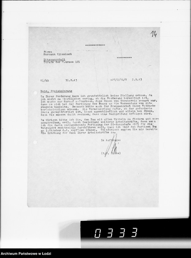 Obraz 18 z jednostki "Fa.Kliemisch.Werkhalle & Baluter-Schlahthof [rachunki za dostawy towarów dla Getta]"