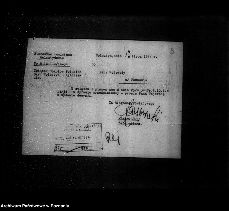 Obraz 17 z jednostki "/Związek Towarzystw Gimnastycznych Sokół w Polsce- sprawa rejestracji Dzielnicy w Poznaniu i zarządów okręgów/"