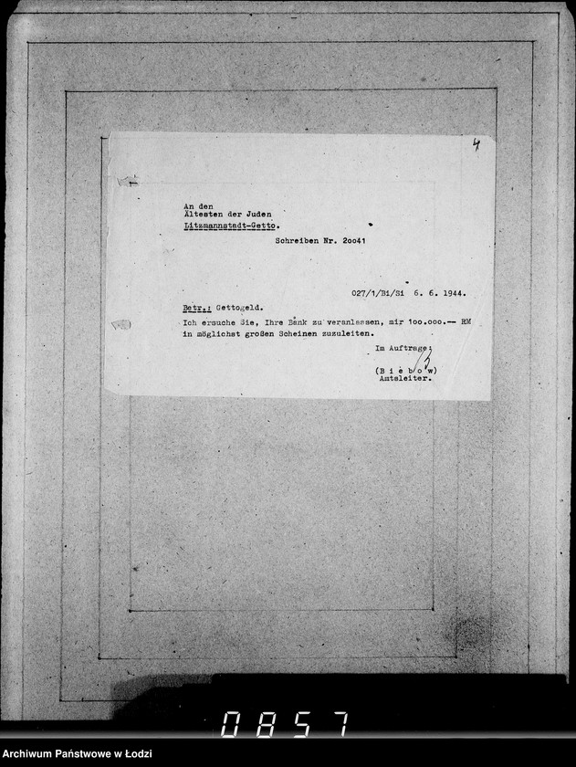 Obraz 8 z jednostki "Juden-Schreiben [Pisma skierowane do Przełożonego Starszeństwa Żydów w Getcie Łódzkim]. Nr.10569-20040"