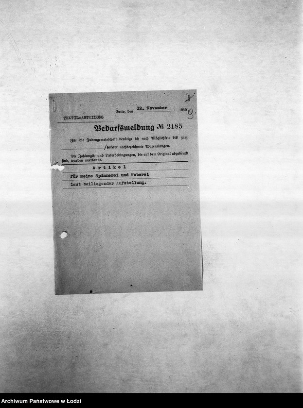 Obraz 12 z jednostki "Bedarfsmeldungen [Kopie skierowanych do GV zapotrzebowań na surowce, materiały, narzędzia, maszyny itp. potrzebne resortom pracy do produkcji]"