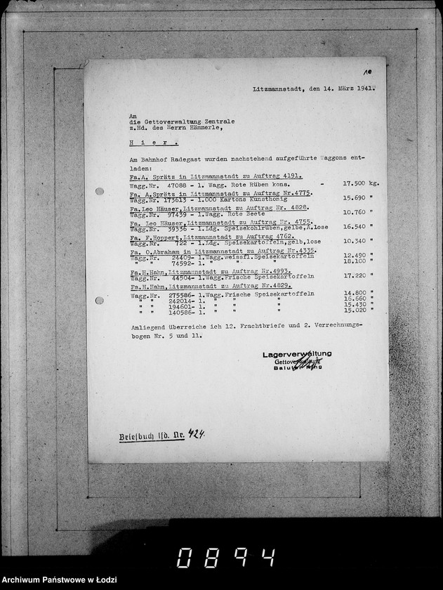 Obraz 14 z jednostki "Ablage [Korespondencja dostawców do Getta dot.wagonowych przesyłek produktów żywnościowych, opału do stacji Radogoszcz]"